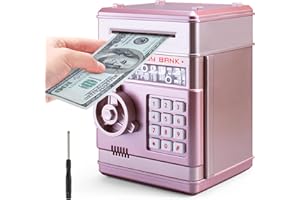PhilaeEC Piggy Bank for Girls Boys, Kids Real Money Safe Saving Box Electronic Mini ATM Cash Coin Can with Password Code Lock Case for Children, Best Gifts Ideas for Kids (Rose Gold)