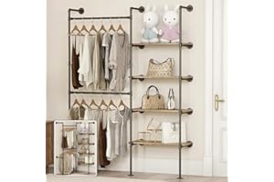 DABILONGC Industrial Pipe Clothing Rack,Wall Mounted Clothes Rack for Hanging Clothes,Adjustable Storage Closet Wardrobe Closet Kit Walk in Closet Systems, 2 Installation Methods,Black