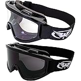 2 Pair of Global Vision Windshield Padded Motorcycle Riding Goggles ANSI Z87.1 Fit Over the Glasses Black Frames with Clear & Smoke Lenses