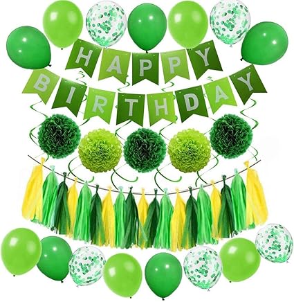 Makfort Decoration Anniversaire Vert Happy Birthday Banniere Guirlande Avec Pompons Vert Ballons Vert Confettis Ballons Pour Joyeux Anniversaire Deco Amazon Fr Cuisine Maison
