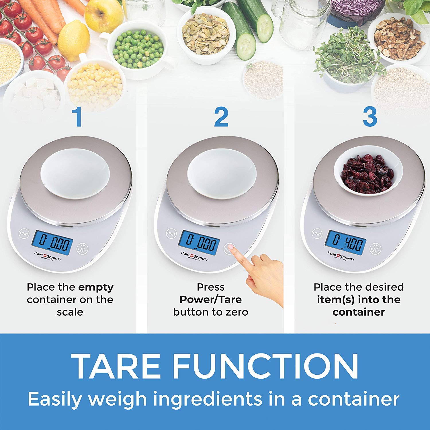 Pohl+Schmitt Digital Food Kitchen Scale, Multifunctional Weight Measuring for Cooking and Baking in Grams/Ounces, Auto Shut-Off, Stainless Steel (Batteries Included) (Silver): Industrial & Scientific