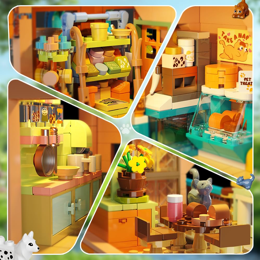 INSOON City Haustierladen Bauspielzeug mit Lichtern, Haustierhaus Klemmbausteine Spielzeug mit Katzen Hunden Kaninchen, 1431 Stück Tierladen Modell für Erwachsene Kinder Jungen Mädchen ab 10-12+ 2