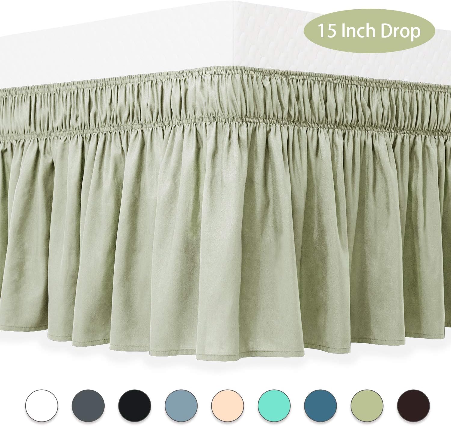 Guken Ruffled Bed Skirt for King/Cal King Size Beds 15 Inch Drop Bedskirt Wrap Around Style Easy Fit Elastic Adjustable Dust Ruffle Silky Soft & Wrinkle Free Classic Look Bedroom Decor Sage Green