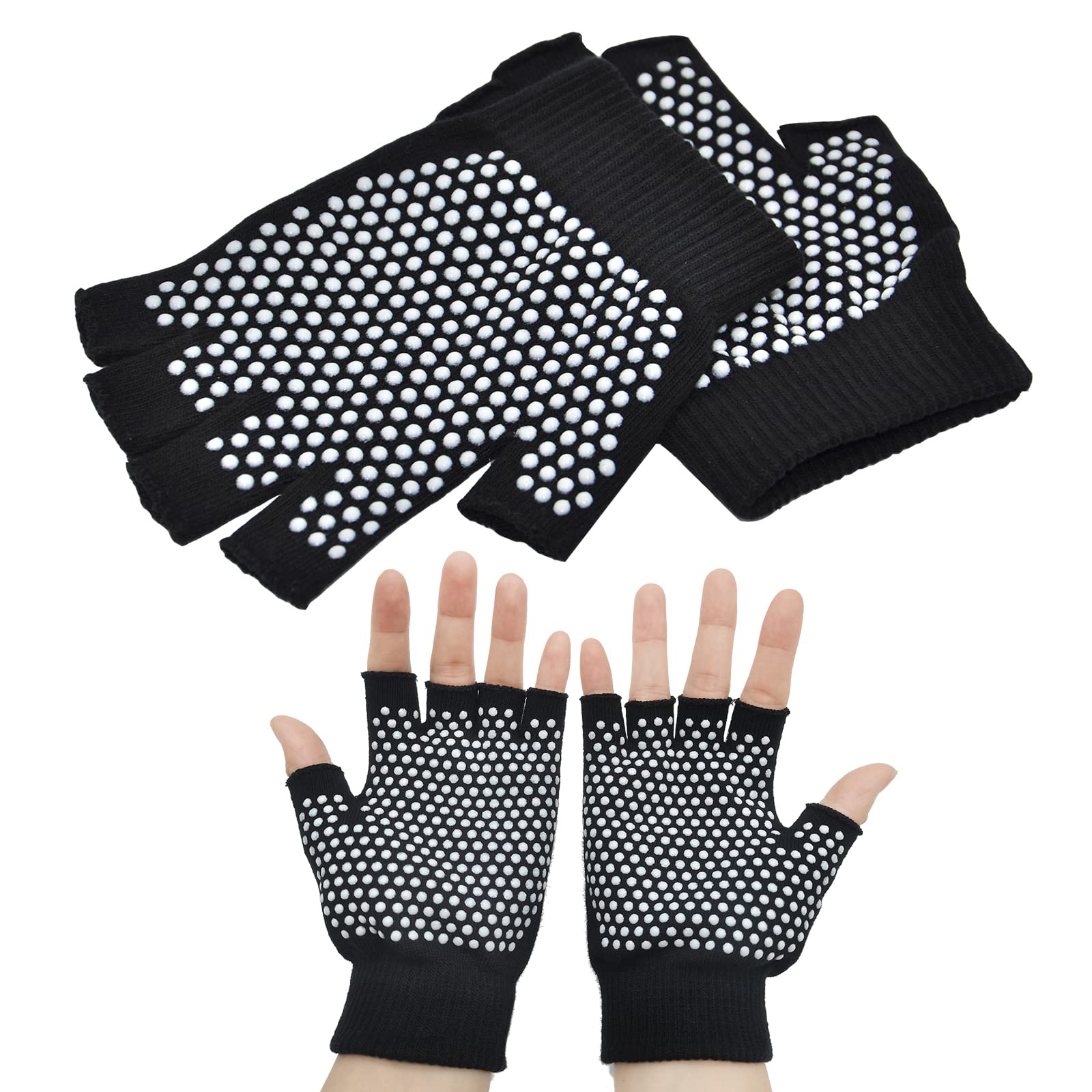 SwirlColor Non Slip Yoga Gloves Pilates Fingerless Exercise Grip Gloves with White Silicone Dots (1 Pair Glove), UK 3/5 (Black, UK Footwear Size System, Adult, Women, Alpha, Medium, Medium)