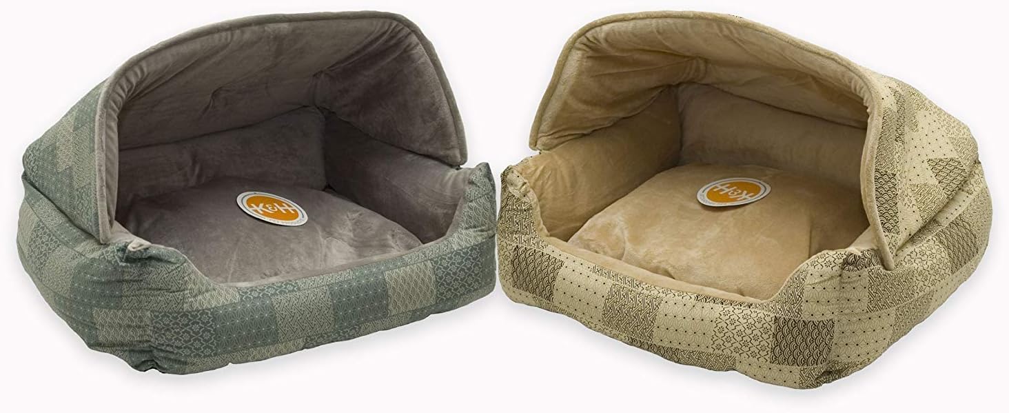 K&H Pet Products 7600 Hooded Lounge Sleeper Pet Bed Tan Patchwork Print 20" x 25" : Pet Supplies
