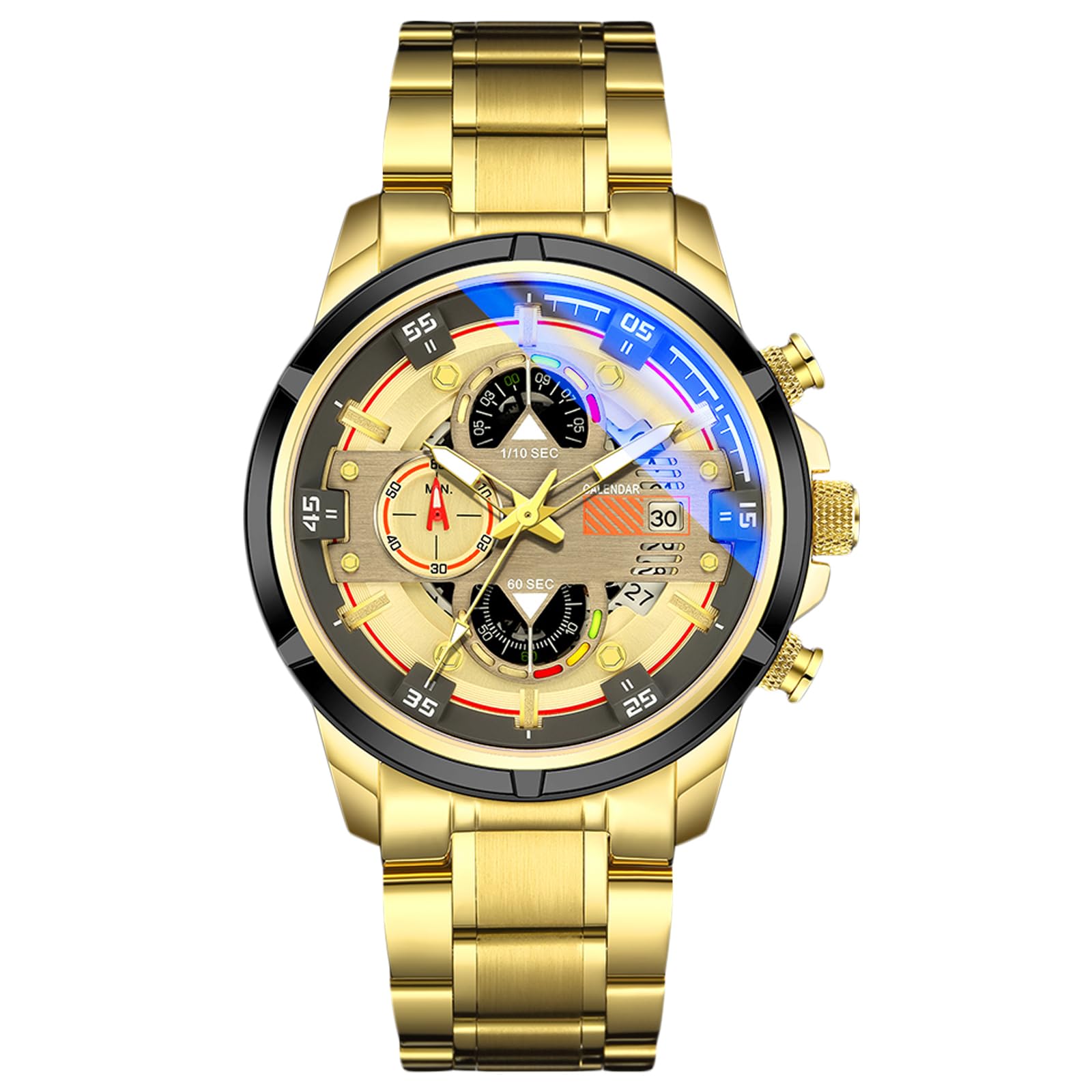 RORIOS Mens Watches Waterproof Chronograph Analogue Quartz Watch with Stainless Steel Brecelet Luminous Wrist Watches for Men