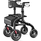 HolyHeal W5 Foldable Rollator Walkers for Seniors with Seat and Backrest | 10" Big Wheels All Terrain, Lightweight Rolling Walker Supports 350lb, Height Adjustable, Cane &amp; Cup Holder, Tool-Free, Black