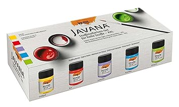 Kreul 91900 - Javana Stoffmalfarbe für helle Stoffe XXL, brillante Farbe mit cremigem Charakter, 5 x 50 ml in goldgelb, rot, 