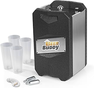 Beer Buddy Neue Version 2018 Bottoms Up-Bierzapfanlage ohne Strom für alle handelsüblichen 5 Liter Fässer-inkl. Zubehör u. Becher, Edelstahl, 5 liters, Silber Schwarz