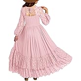 MITILLY Girls Boho Long Sleeve Backless Lace Flower Square Neck Tiered Ruffle Swing Party Maxi Dress