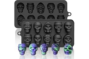 HKNMTT Skull Silicone Molds Halloween 2 Pack 10 Cavity for Chocolate Candy, Freezing Yogurt Wax Melts 3D Tray 5 Head Shapes Food Grade Baking Mould Oven Safe Treat or Trick Kids Homemade DIY Party