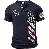 VOGSTART Men's Patriotic Henley Shirts Muscle Distressed American Flag 1776 Vintage T-Shirts (S-3XL)
