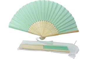 FANSOF.FANS Fabric Handheld Folding Hand Fan with a Tassel Grade A Bamboo Ribs for Women Girls Summer Party Event Favor Birthday Wedding Souvenir Gift (Light Turquoise)