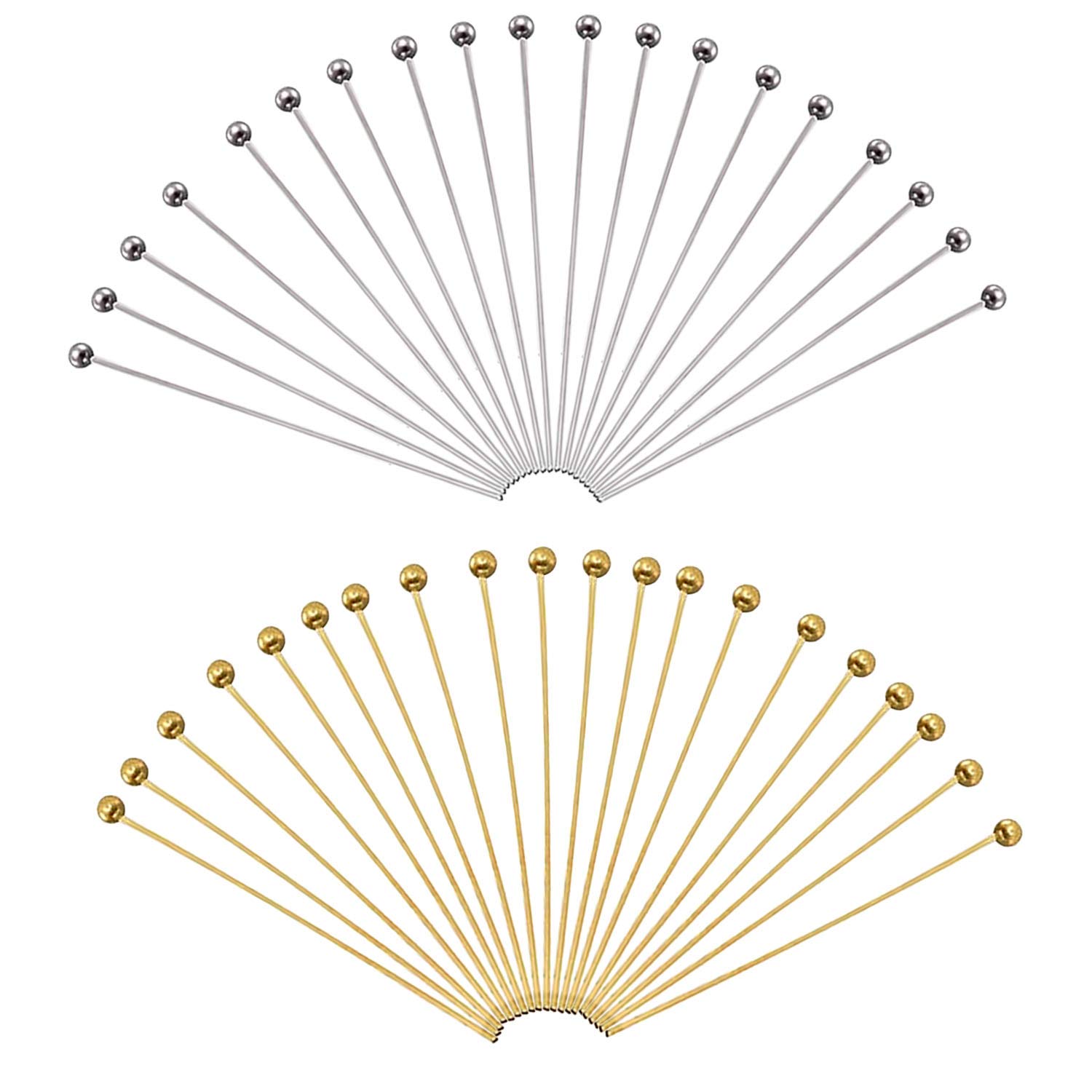 TOAOB 200pcs Ball Head Pins 50mm Gold and Silver Round Head Pins for Jewelry Making Beading Earring Pendant Bracelet Jewelry DIY Craft Bead Earring Necklace