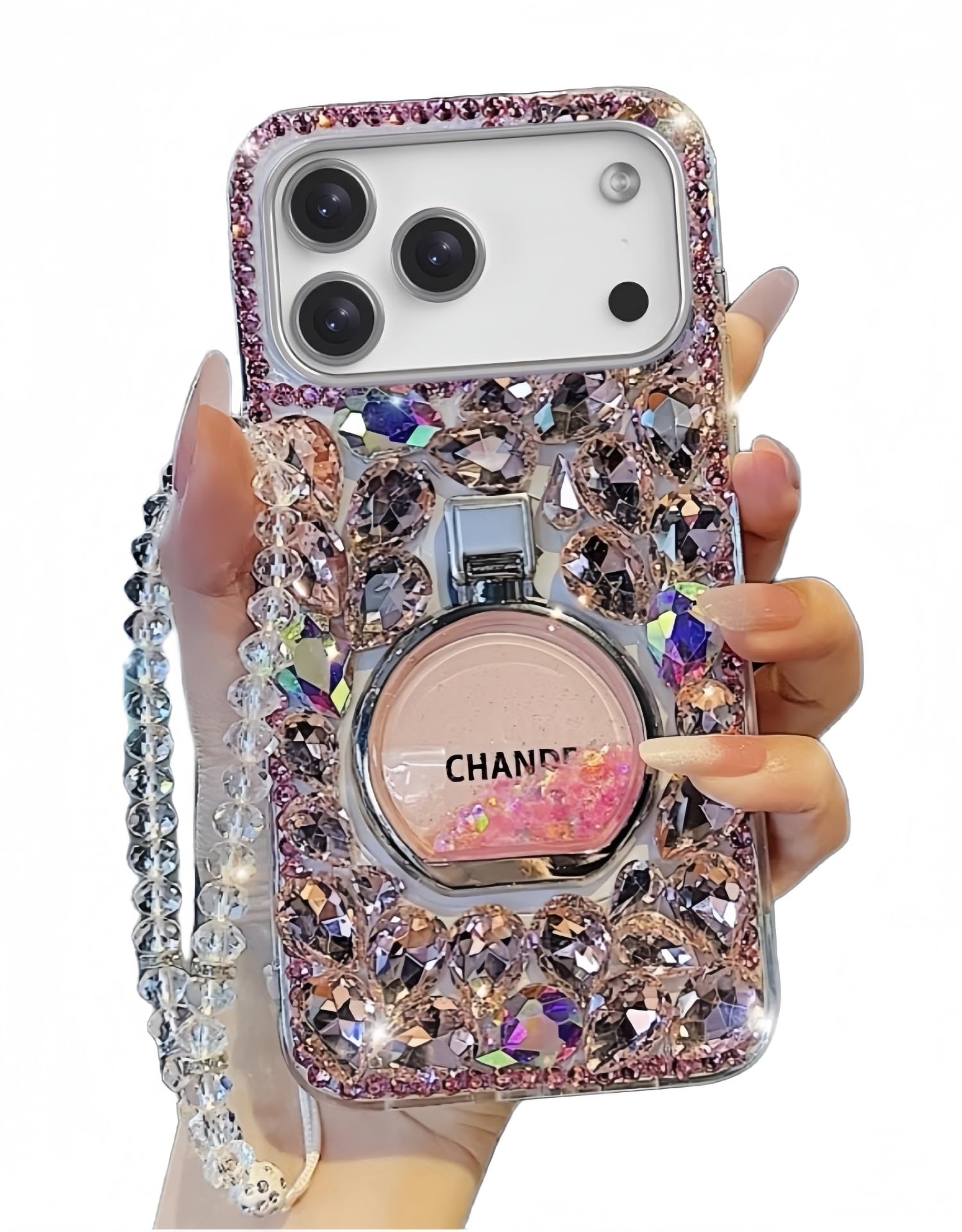 for iPhone 17 Pro Case for Women Girls,Luxury Plating Bling Glitter Diamond Design,iPhone 17 Pro Phone Case Girly Handmade Sparkle Rhinestone Soft TPU with Ring Stand and Bead Phone Strap Pink