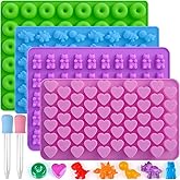 Sakolla Gummy Candy Molds Silicone with 2 Droppers Pack of 4 Mini Silicone Molds Including Dinosaur, Bear Shape, Hearts and D