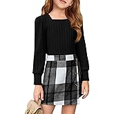 Haloumoning Girls Skirt Sets Fall Outfits Jacquard Long Sleeve Tops Plaid Skirts Shorts 2 Piece Clothing Sets 4-12Y