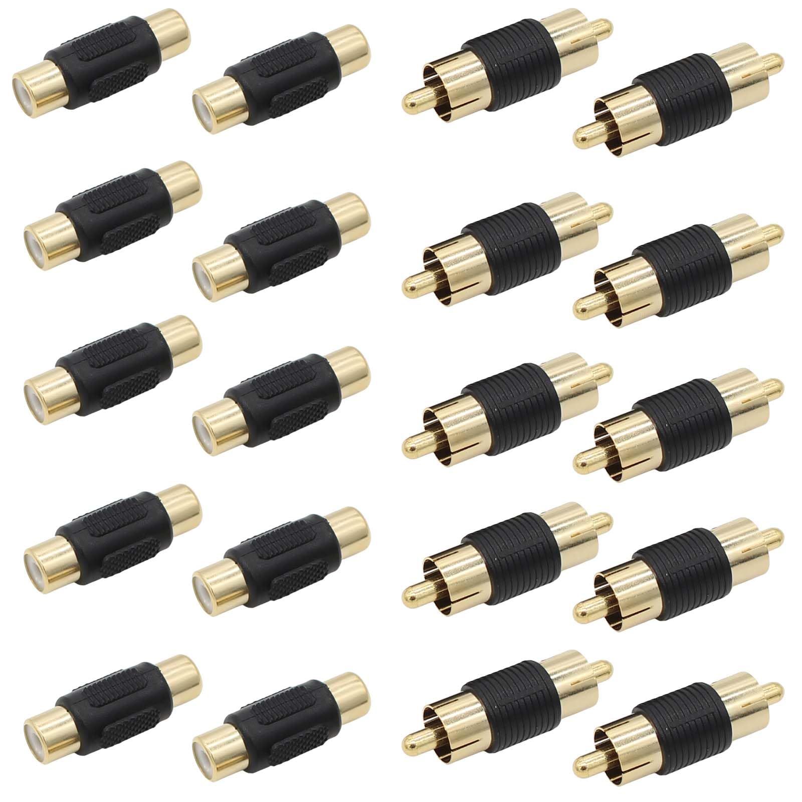 RCA Coupler Adapter Gold Plated 20 Pack, RCA Female to Female Adapter 10pcs, RCA Male to Male Connector 10pcs for Cable Extension, Phono, Speaker, Amplifier