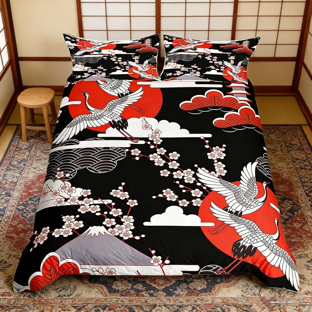 Loussiesd Crane Duvet Cover King Japanese-Style Bedding Set Cherry Blossoms Adult Women Girls Comforter Cover 3 Pieces Japanese Traditional Pattern Decor Comforter Set with Zipper Ties