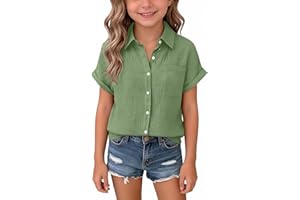 Girls Linen Shirts Short Sleeve Button Down Collared Dress Shirt for Teen Preppy Kids Summer Plain Lapel Formal Tops