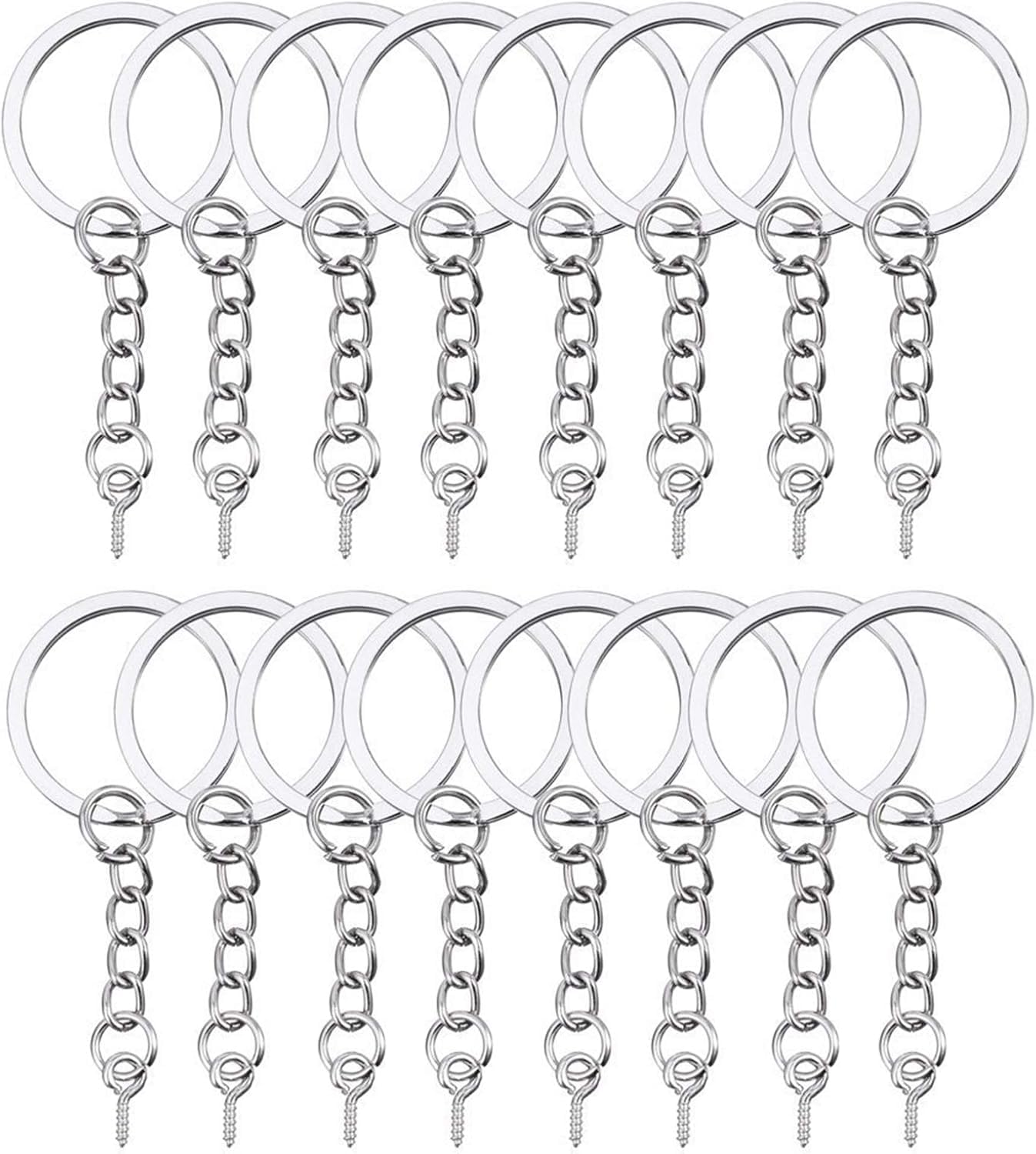 HAUTOCO Keyring Making Kit, 100Pcs Flat Split Key Ring Hoops (25mm) with Chain+Open Jump Rings and Screw Eye Pins, Metal Keyring Rings for Crafts Charm Jewelry Making Resin Keychain Accessories