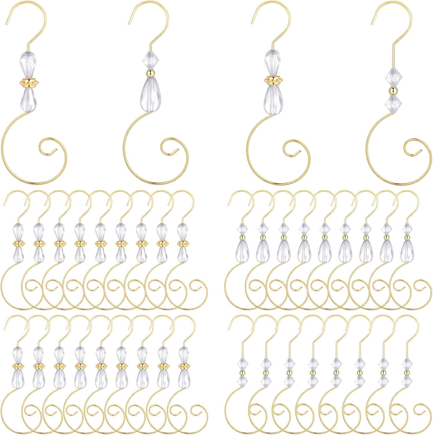 Ornament Hooks - Christmas Ornament Hook Acrylic Wire Ornament Hook Christmas Acrylic Ornament Hook for Christmas Tree Ornament Hanger, Home Decor, 4 Styles (Gold Hook, Transparent Bead,36 Pieces)