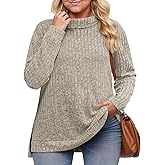 VISLILY Womens-Plus-Size-Tops Trendy Turtleneck Lightweight Sweaters Casual Long Sleeve Shirts Dressy Side Split Tunics 1X-5X