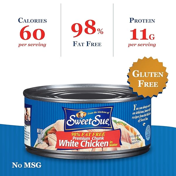 SWEET SUE CANNED CHICKEN BREAST WITH RIB MEAT IN WATER – 11G PROTEIN PER SERVING – GLUTEN FREE, KETO FRIENDLY – WHITE CHICKEN CHUNKS GREAT FOR SNACK, LUNCH OR DINNER RECIPES – 10 OZ (PACK OF 1)