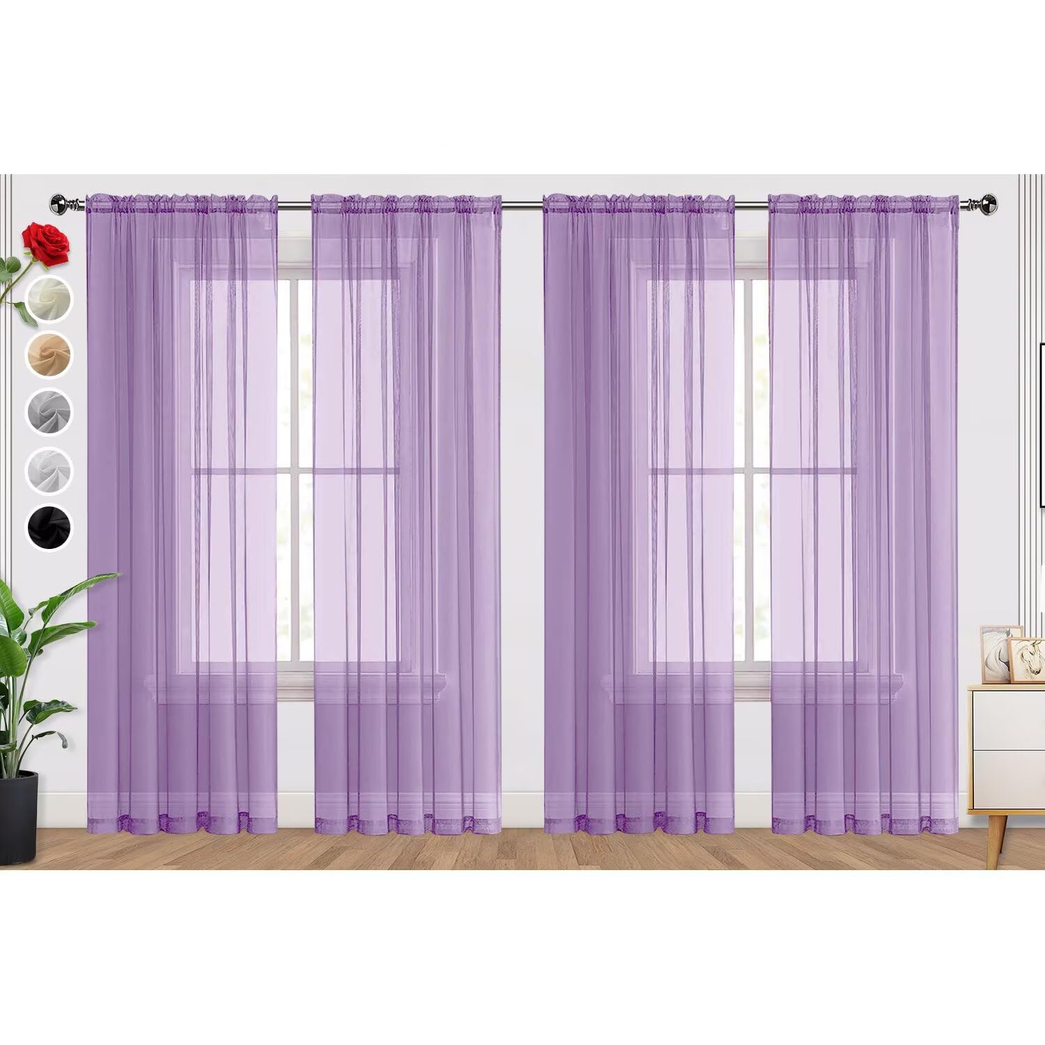 SpaceDresser Lavender Sheer Curtains 4 Panels Rod Pocket Semi-Sheer Curtain 96 Inches Long Light Filtering Voile Window Drapes for Bedroom Living Room Kitchen, Each 52W x 96L Image