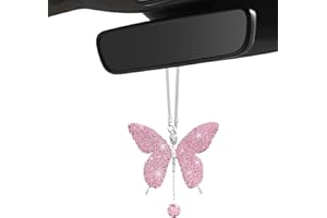 JUSTTOP Bling Butterfly Diamond Car Accessories, Crystal Car Rear View Mirror Charms, Rhinestone Hanging Interior Ornament Pe