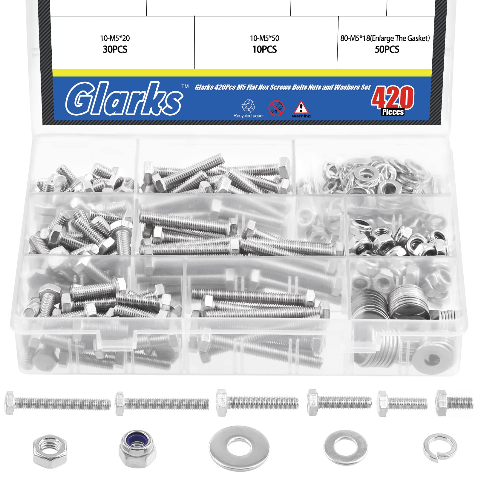Glarks 420Pcs M6x10/16/18/20/30/40/50mm Flat Hex Head Screws Assortment Kit 304 Stainless Steel hexagon Screws Bolts Hex Nuts Lock Nuts and Fat Washers Set, Clear