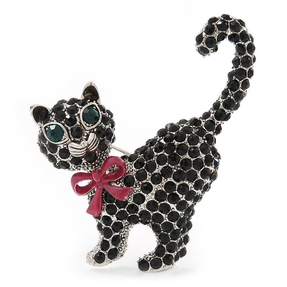 Jet Black Diamante 'Cat With Pink Bow' Brooch In Rhodium Plating - 45mm Width