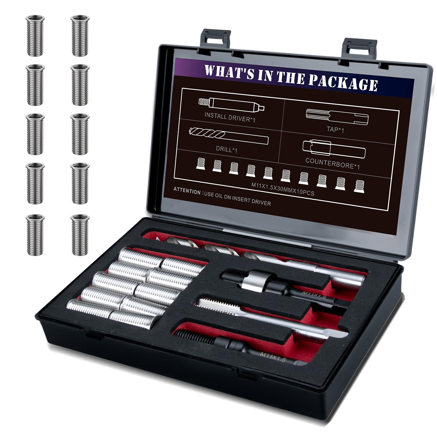 Photo 1 of SENNMONN M11X1.5X30MM Thread Repair Kit with Insert HSS Drill, Tap, Counterbore, Installation Driver, Metric, 10PCS Stainless Steel Insert M11X1.5X30MM