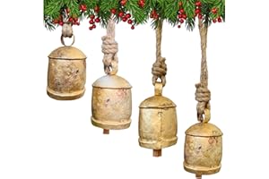 RW REPLICA WAREHOUSE Set of 4 Vintage Rustic Cow Bells Hanging on Rope Harmony Shabby Chic Christmas Bells for Decoration Tin Metal Lucky Bells Handmade