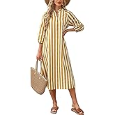 YEXPINE Women Summer Striped Button Down Long Maxi Dress Loose Fit 3/4 Sleeve Cotton Caftan Shirt Dress with Pocket