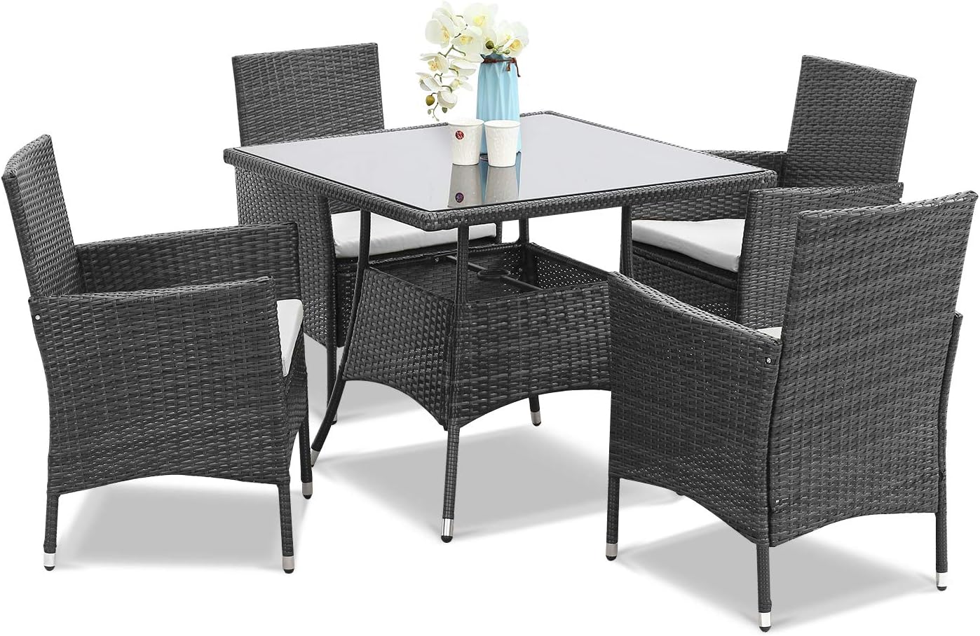Amazon Com Wisteria Lane 5 Piece Outdoor Patio Dining Set Wicker Glassed Table And Cushioned Chair Umbrella Cut Out Grey Garden Outdoor