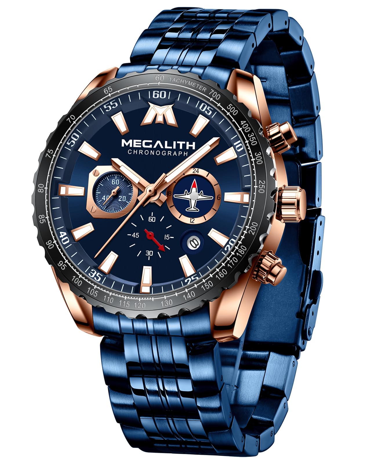 MEGALITH Mens Watches Designer Blue Large Face Analogue Watch for Men Waterproof Stainless Steel Wrist Watch Luminous Date Gents Watches