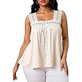 winkbay Women's Plus Size Lace Tank Top Babydoll Tie Front Square Neck Cute Going Out Tops