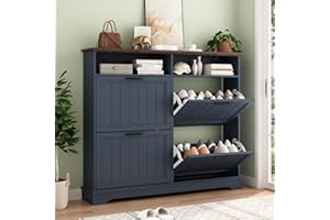 WINWY Shoe Storage Cabinet with 4 Flip Drawers, Farmhouse Modern Hidden Shoes Rack Cabinet with Adjustable Shelves & Open Storage, Narrow Slim Shoe Organizer for Front Door Entrance, Entryway, Navy Blue