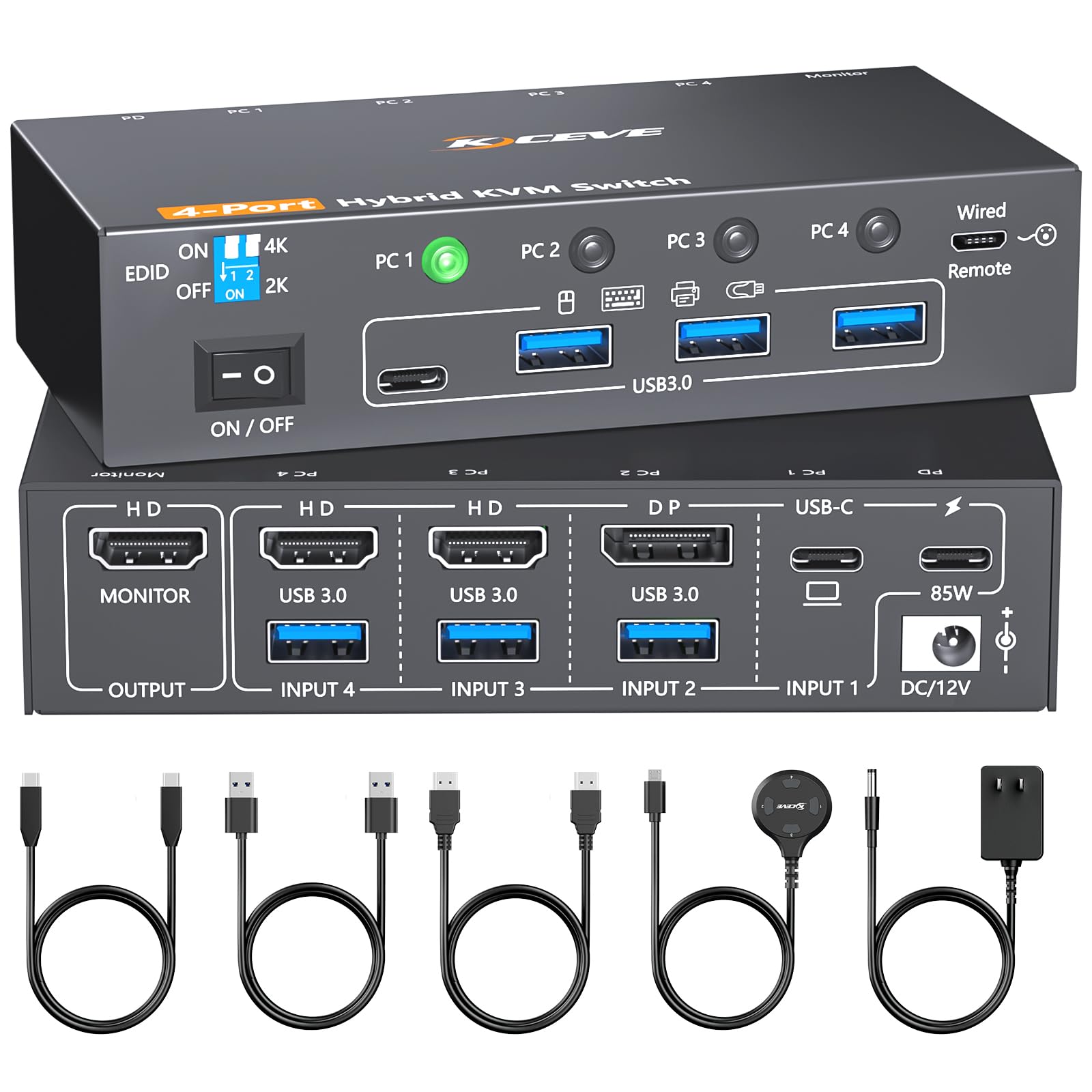 Photo 1 of KCEVE 4K KVM Switch 1 Monitors 4 Computers USB-C HDMI DP, EDID Emulator USB 3.0 KVM Switch 4 Port 4K@60Hz for 4 Computer Share Keyboard Mouse and 1 HDMI Monitor, with Power Adapter and Wired Remote