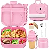 Aimsnk Dinosaur Lunch Box for Kids with Secret Compartment | 4 Compartments Bento Box + 12oz Insulated Food Jar | Leak-Proof Sauce Cup & Collapsible Spoon | BPA-Free, Dishwasher Safe (Pink+Pink Jar)