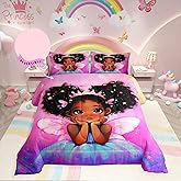 Erosebridal Black Girls Comforter Sets,African Princess with Wings Bedding Set,Pink Gradient Rainbow Galaxy Room Decor Kids Bedding Sets for Girls,Twin (1 Comforter 1 Pillowcase)