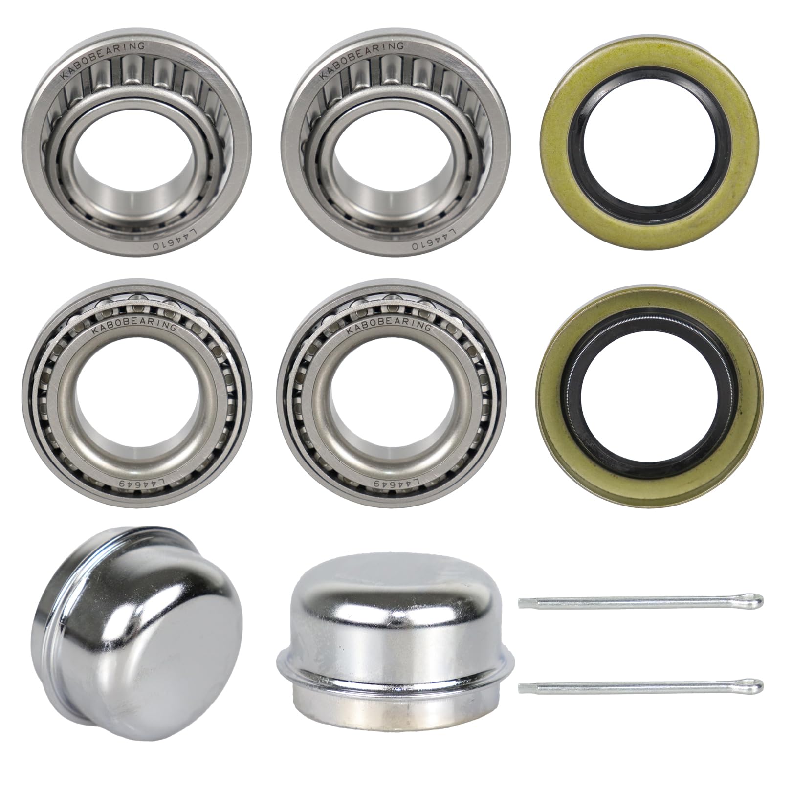 Photo 1 of KABOBEARING 2 Set Fits for 1-1/16'' inch Axles Trailer Wheel Hub Bearings,L44649 L44610 Bearings,12192TB Seal OD 1.980'',Dust Cover and Cotter Pin,Bearing Size ID 1.0625", OD 1.9800", Width 0.560".