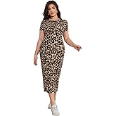 Floerns Women's Plus Size Leopard Print Short Sleeve Split Bodycon Long Dress