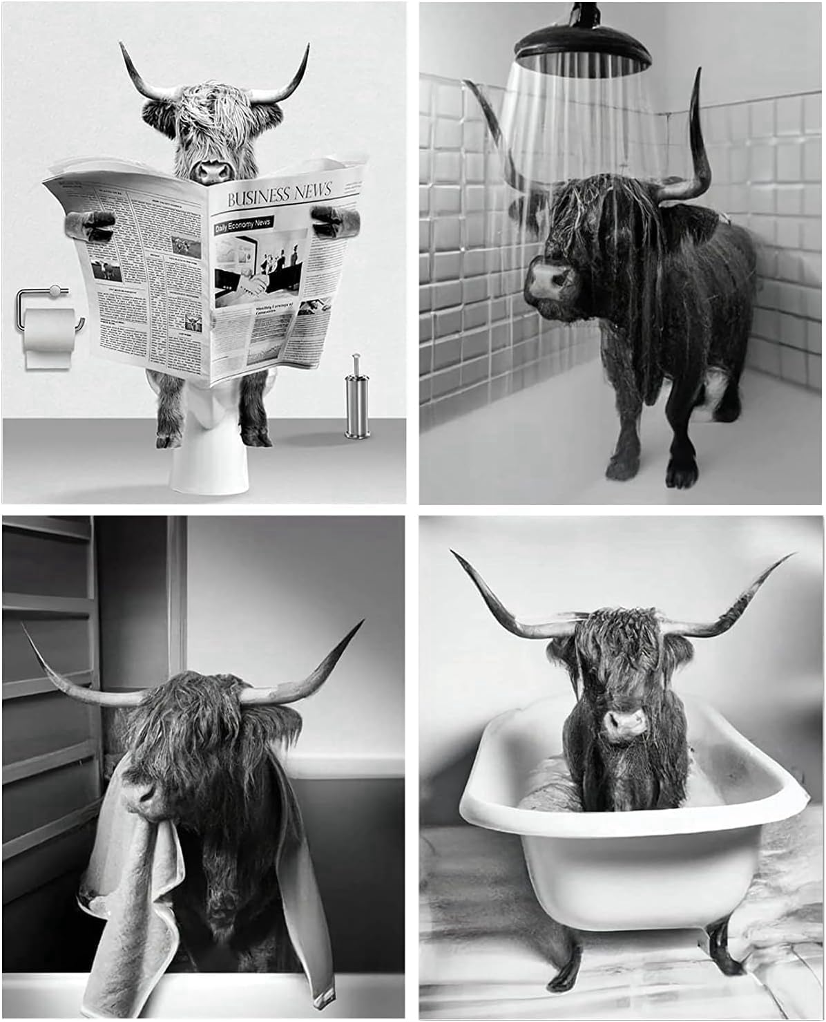 QPLGTU Bathroom Wall Poster, Animal Decoration, Black and White Animal Decoration, Funny Frameless Print (20x30cmx4)