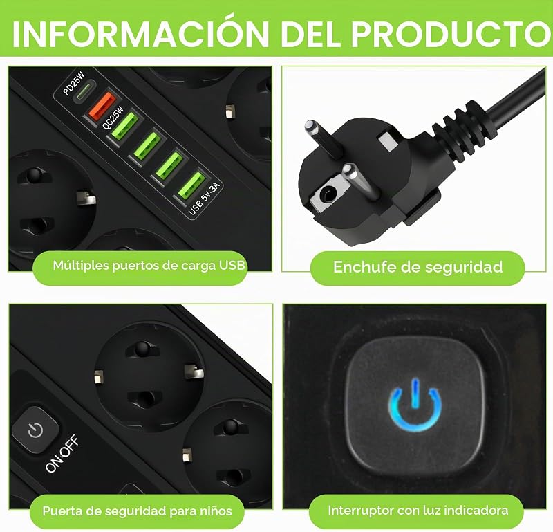 Fita USB-C Preta: Régua de alimentação USB ABS de cobre de 2m com 5 USB A e 1 porta de carregamento rápido Tipo C, Múltiplas Tomadas para Casa, Escritório e Sala de Estar, Preto — foto 3 de 7