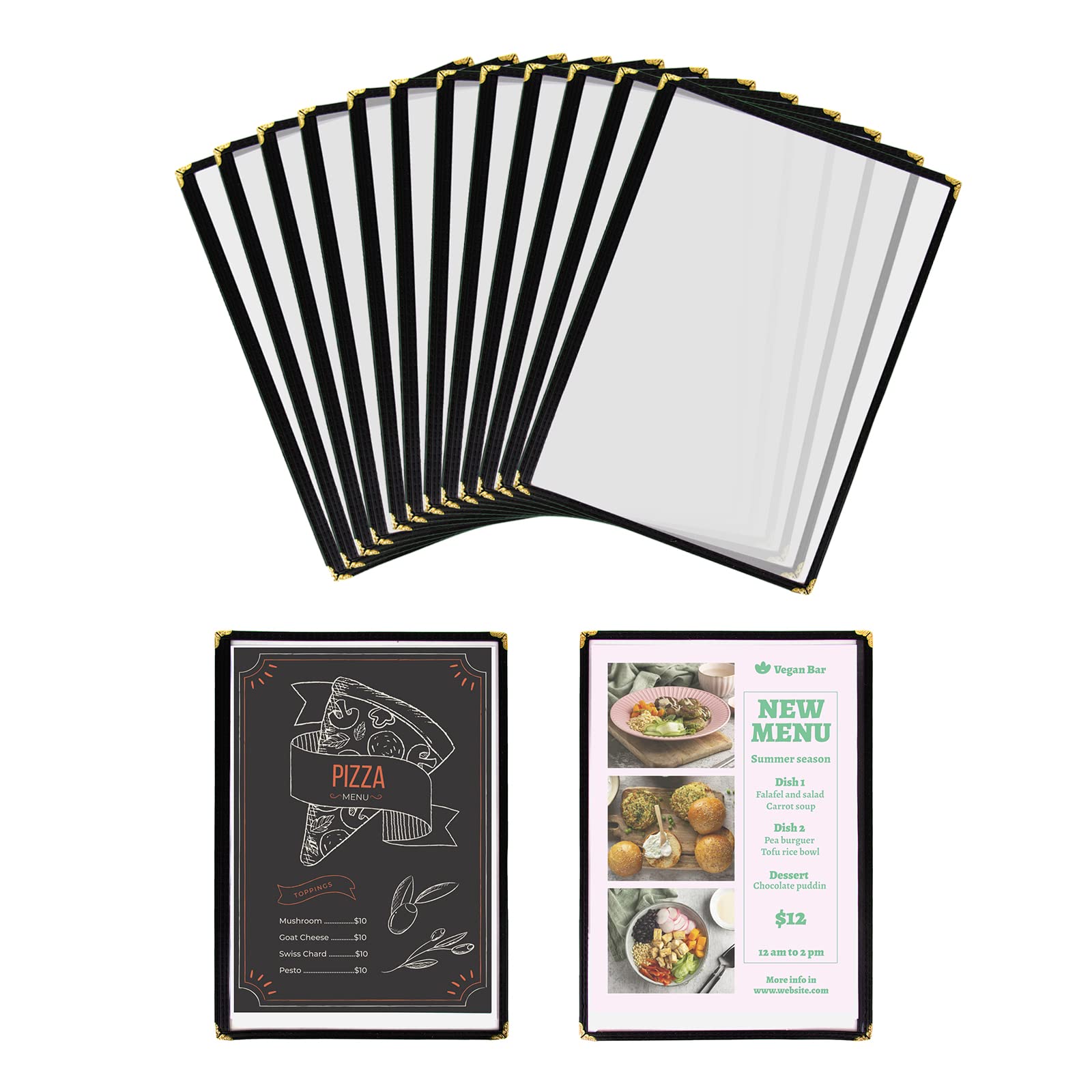 Aspire 12 Pack A4 Menu Covers Single Page Double View Menu Holders with Corner Protectors for Restaurants - 8.5 x 11 Inch