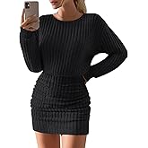 JoyMotion Women's Pullover Sweater Dress Long Lantern Sleeve Ribbed Knit Crewneck Ruched Bodycon Casual Mini Short Dress 2026