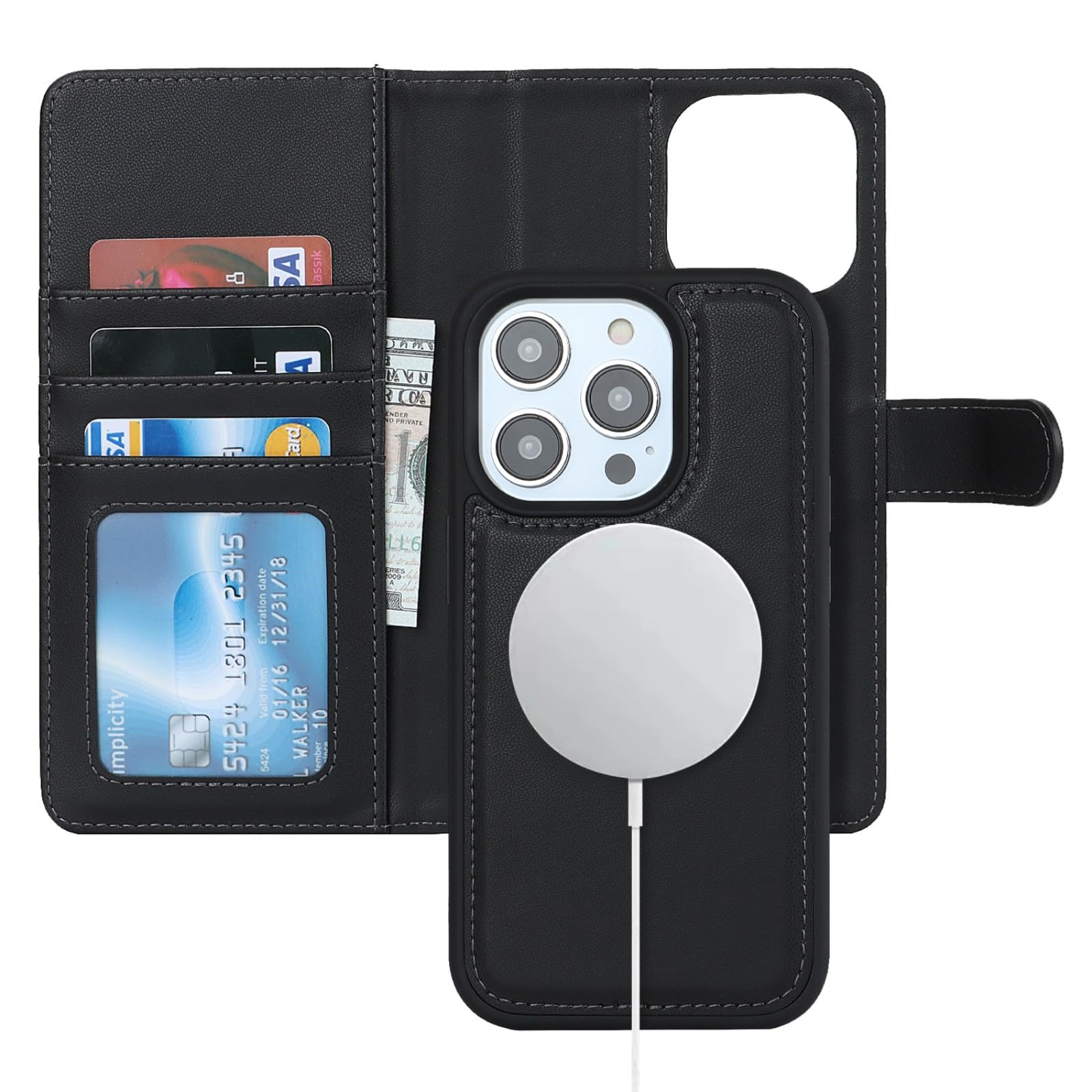 Zouzt for iPhone 14 Pro 6.1 Inch Detachable Wallet Case with Card Holder for MagSafe, Premium PU Leather 2 in 1 Flip Folio Book Magnetic Stand Protective Phone Cover for iPhone 14 Pro - Black — image 1