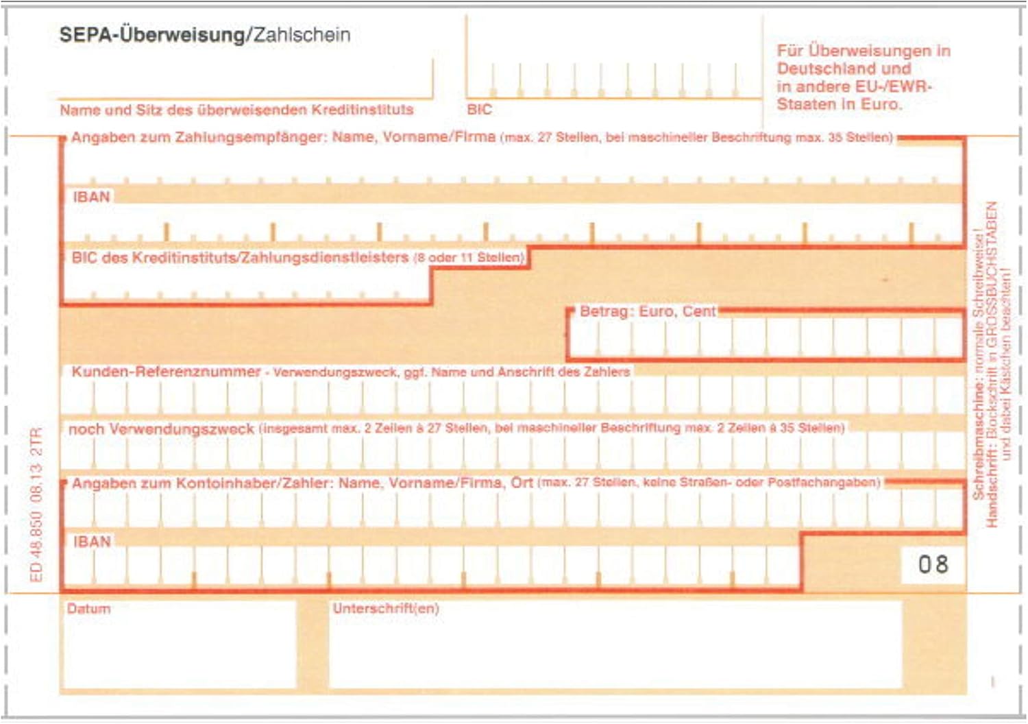 SEPA Überweisungsformular Zahlschein 100 Stück 2-fach selbstdurchschreibend 326211